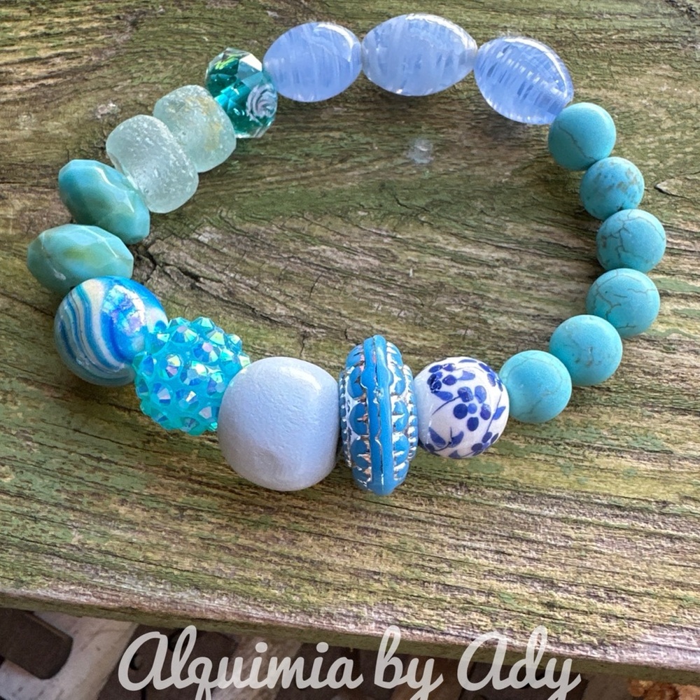 Turquoise Chunky Maxi Beaded Braded Bracelet 64$